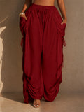Womens Baggy Wide Leg Ruched Drawstring Cargo Pants