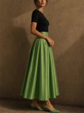 Women Green High Waist Pleated A Line Maxi Skirt