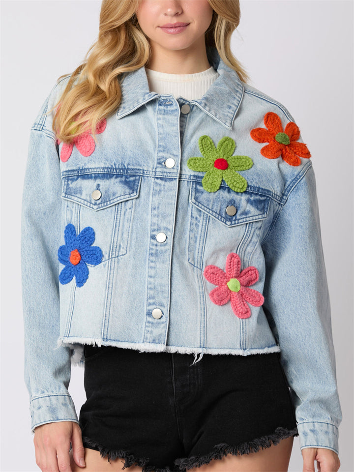 Women's 3D Patchwork Long Sleeve Waist Length Denim Coat