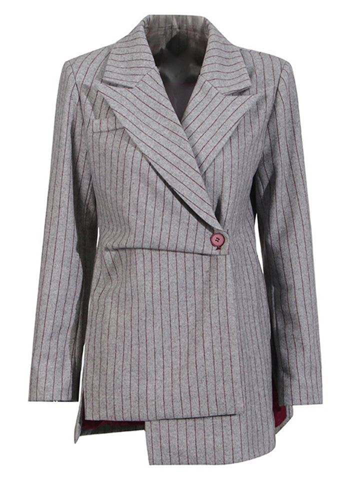 Women's Gray Long Sleeve Stripe Asymmetric Hem Suit Blazer
