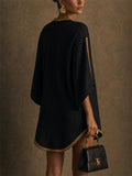 Women Black V Neck Boho Gold Trim Kaftan Mini Dress