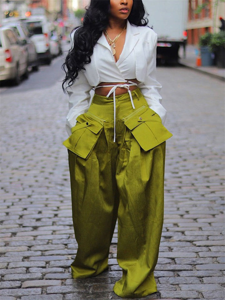Fashion Casual Detachable Pockets Wide Leg Pants for Women