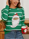 Women's  Contrast Color Striped Santa Claus Sequined Round Neck Sweaters