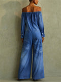 Women Off Shoulder Button Up Wide Leg 3/4 Sleeve Jumpsuit