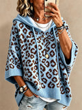 Women Leopard Print Oversized Pullover Hooded Poncho Knit Sweater