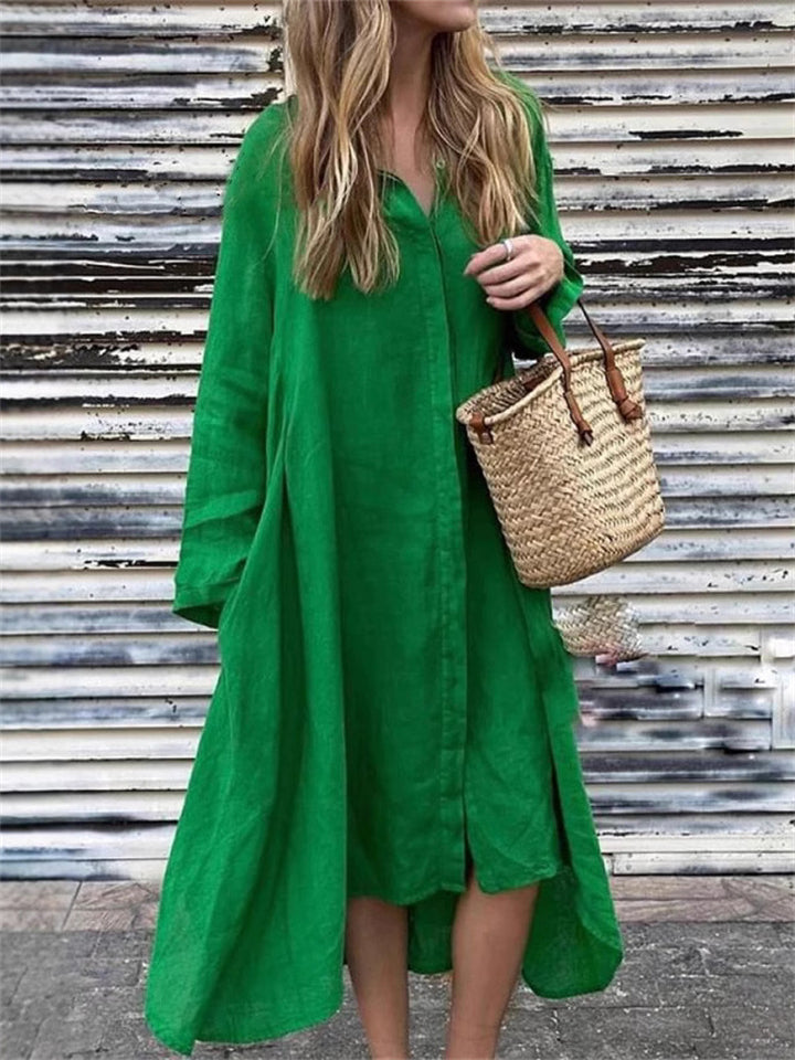 Women's Summer Loose Solid Color Button Up Long Sleeve Shirt Dress