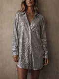 Women Lapel Sequin Long Sleeve Sparkly Blouses