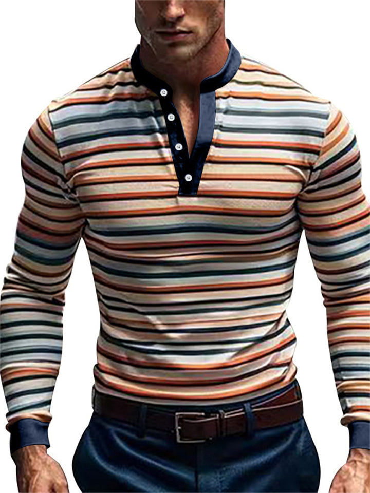 Men's Contrast Color Stripe Long Sleeve Henley Shirts
