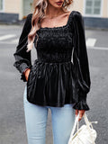 Ladies Puff Long Sleeve Square-neck Velvet Shirt