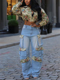 Women's 2Pcs Floral Jacquard Crop Top & Cargo Denim Pants Set