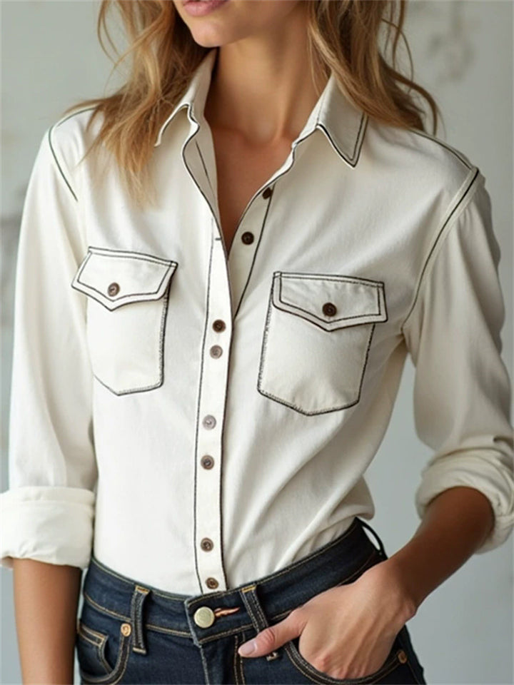 Classic Imitation Denim White Button Up Blouses for Women with Pockets