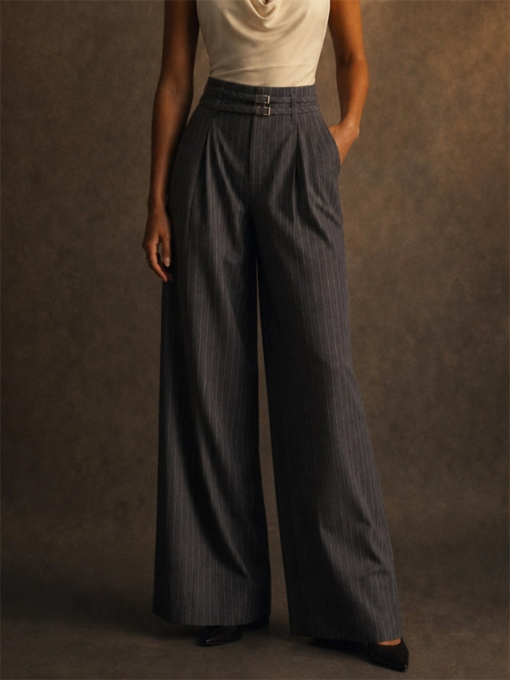 Womens High Waisted Pinstripe Wide Leg Trousers Office Pants