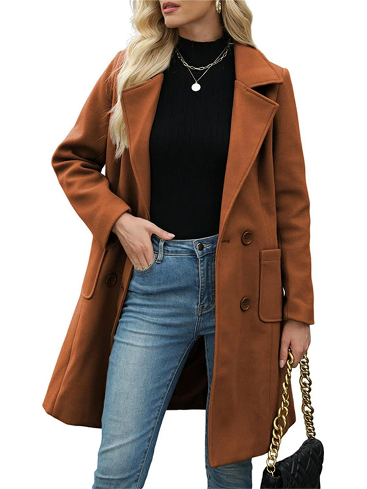 Women's Winter Long Wool Blend Lapel Double Breasted Trench Coats