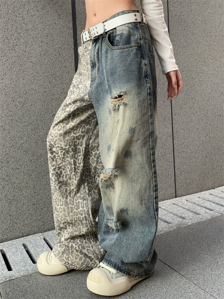 Men's Streetwear Loose Fit Leopard Print Ripped Denim Pants
