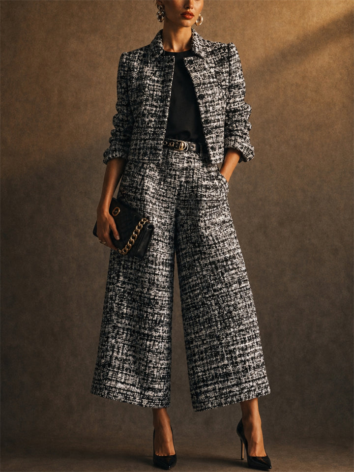 Women 2 Piece Chic Tweed Plaid Cropped Jacket Wide Leg Pants Set