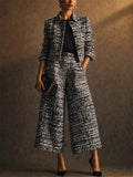Women 2 Piece Chic Tweed Plaid Cropped Jacket Wide Leg Pants Set