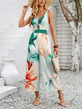 Sexy Casual Sleeveless V Neck Cut Out Print Jumpsuit for Lady