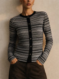 Women Slim Button Down Pockets Striped Flare Sleeve Cardigan