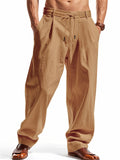 Men's Summer Casual Linen Solid Color Drawstring Wide Leg Trousers
