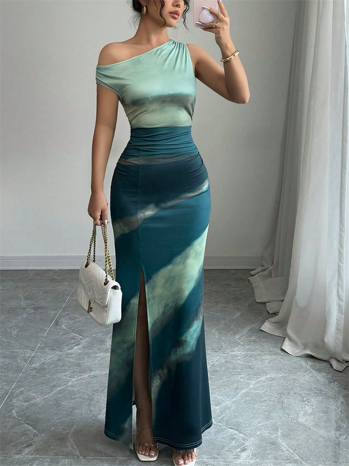 ‌Elegant Teal Green One Shoulder Slim Fit Maxi Dress for Women
