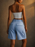 Womens High Waisted Utility Pockets Cargo Bermuda Shorts