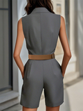 Women's Trendy Gray Solid Color V Neck Lapel Jumpsuits