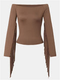 ‌Retro Western Style Fitted Off Shoulder Fringe Top for Women‌