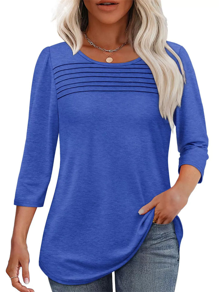 Women's Solid Color Pleated Chest Round Neck 3/4 Sleeve Shirts