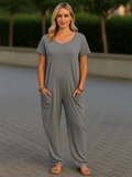 Women's Summer Solid Color V Neck Pockets Drop Crotch Jumpsuits