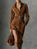 ‌Women's Autumn Suede Buttons Lapel Shirt Dress with Belt