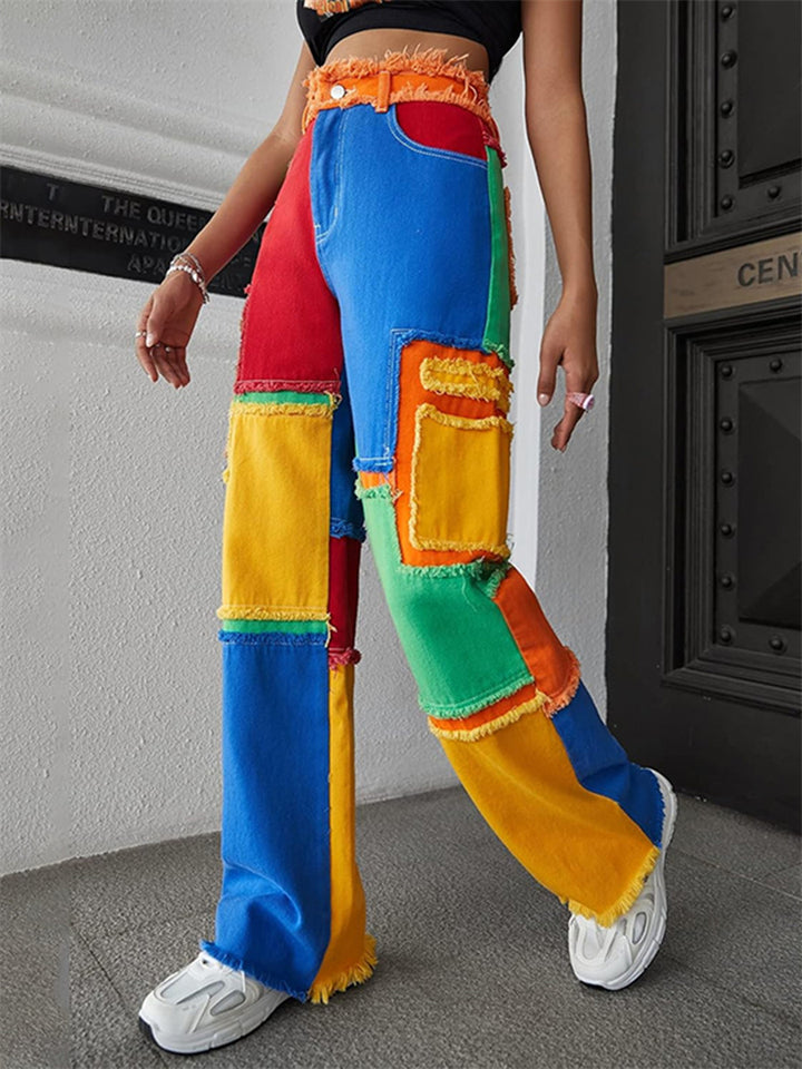 Fashion Women's Patchwork Contrast color High Rise Denim Pants