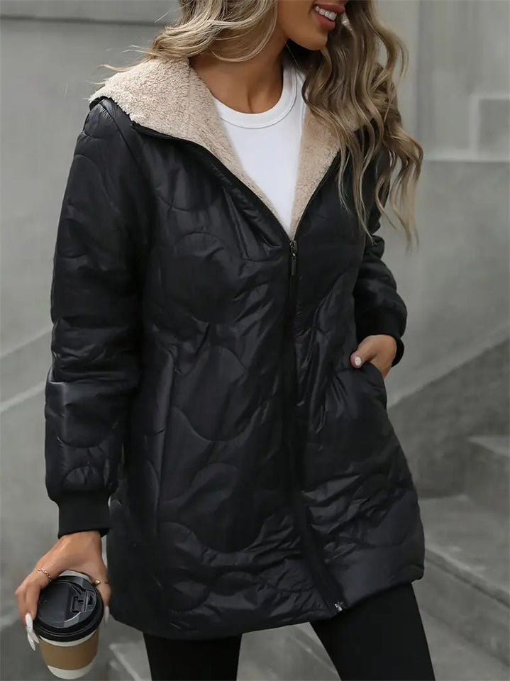 Women's Winter Black Color Fleeced Long Sleeve Hooded Coats