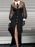 Sexy Trendy Black Mesh Patchwork Button Up Split Dress for Women