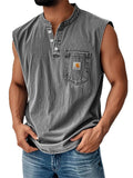 Men's Retro Cotton Distressed Pocket Sleeveless Henley Shirts