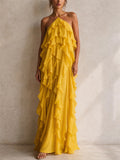 Women Summer Sexy Backless Halter Ruffle Layered Maxi Dress