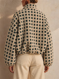 Women Casual Checkered Fleece Zip Up Oversized Teddy Jacket