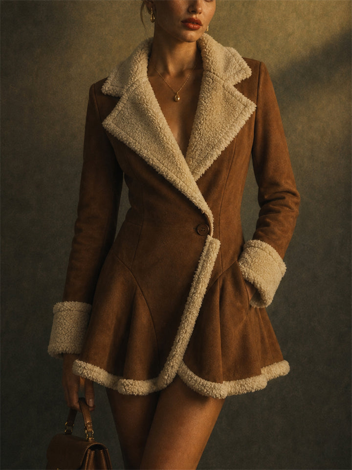 Womens Slim Fit Brown Suede Faux Shearling Peplum Mini Coats