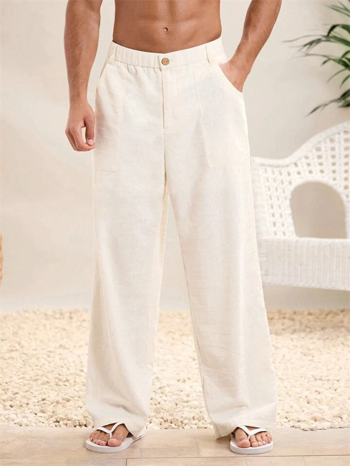 Men's Solid Color Casual Mid-Rise Wide Leg Straight Trousers