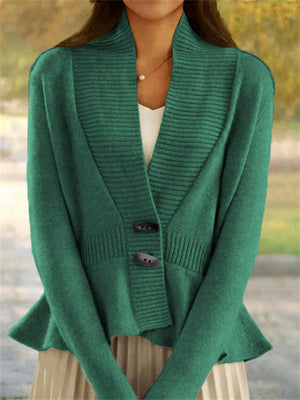 French Style V Neck Ruffled Hem Sweater for Lady