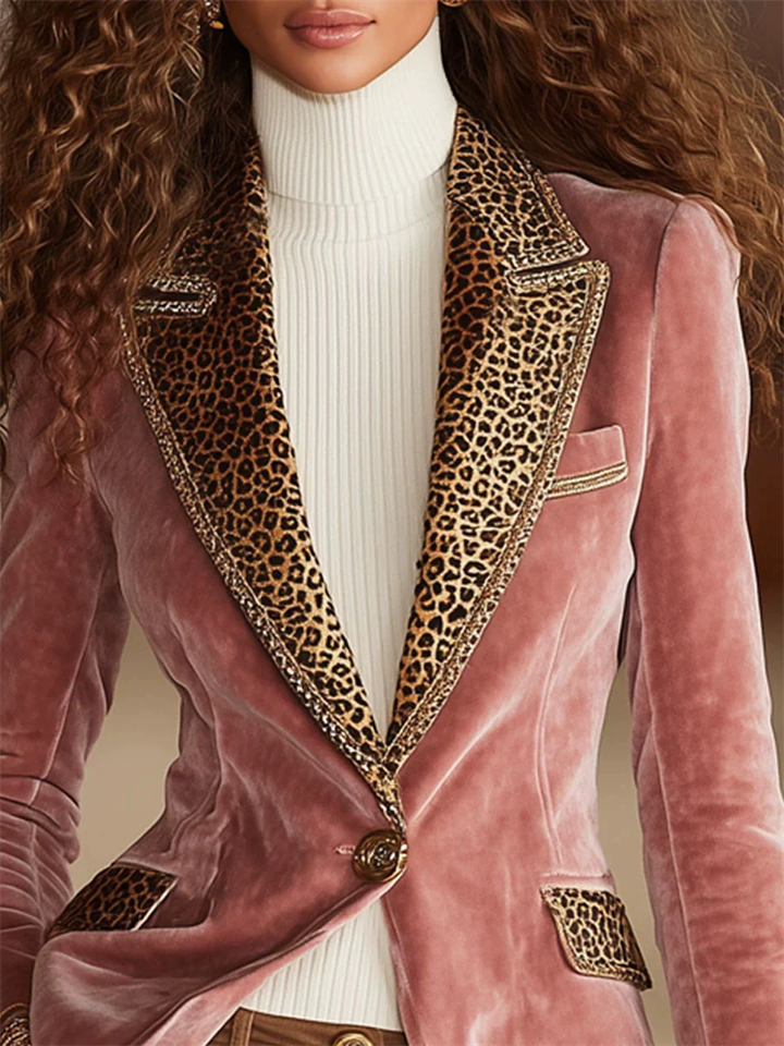 ‌Chic Velvet Blazer with Leopard Trim for Women‌
