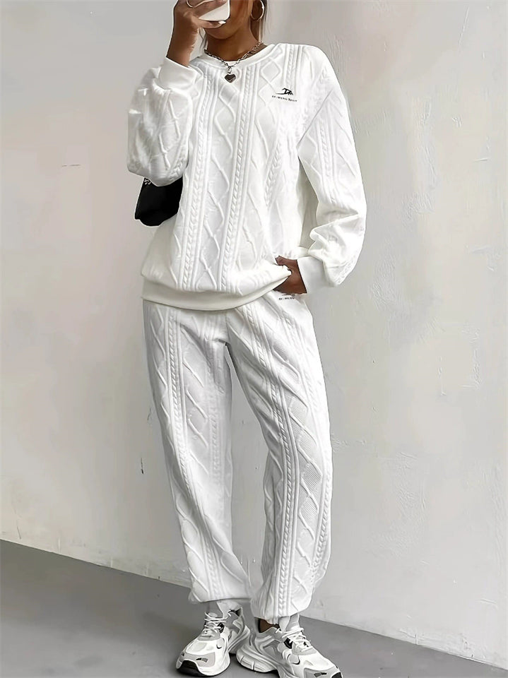 Women's 2Pcs Solid Color Twist It Round Neck Sweatshirts and Sweatpants Set