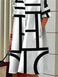 Women's Geometric Strip Printed Button Up Long Sleeve Knee Length Shirt Dress