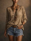 Women V Neck Crochet Knit Sweater Hollow Out Boho Beach Top