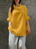 Women's High Neck Oversized Cotton Linen Half Sleeve Shirt