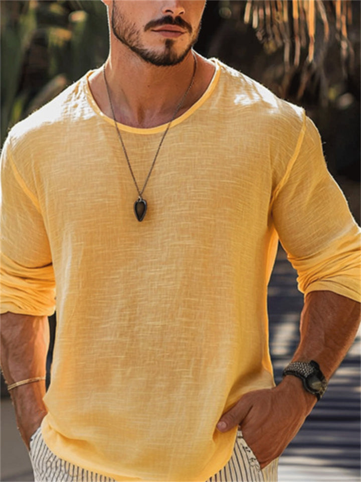 Men's Casual Yellow Solid Color Round Neck Long Sleeve Shirts