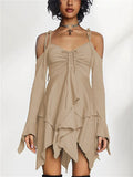 Irregular Hem Hollow Shoulder Long Sleeve Gothic Mini Dress for Women