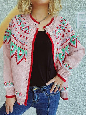 Women's Ethnic Style Contrast Color Crochet Button Up Cardigan Sweater