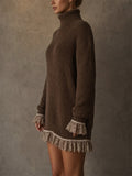 Women Oversized Turtleneck Sweater Dress with Lace Trim
