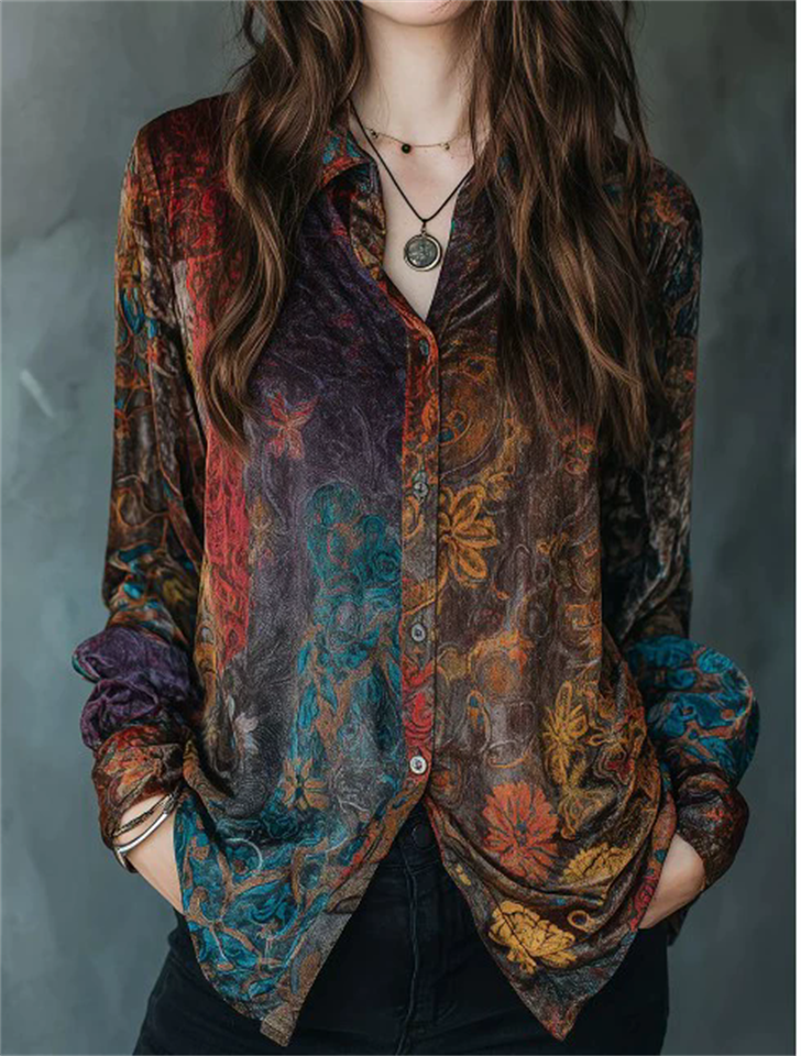 ‌Vintage Floral Print Boho Button Up Blouse for Women‌