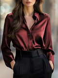 Women's Autumn Elegant Long-sleeved V Neck Lapel Button-up Blouses
